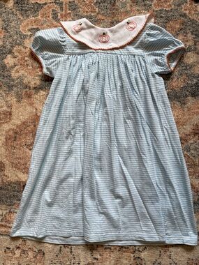 Blue Striped Kids dress with Pumpkin Embroidered Collar 4T